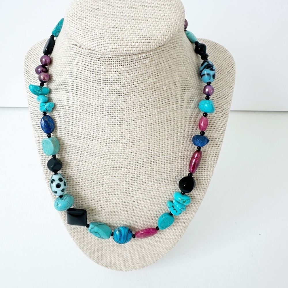 NWT Genuine Lapis, Cherry Quartz, Turquoise, Murano Glass, Black Onyx Necklace